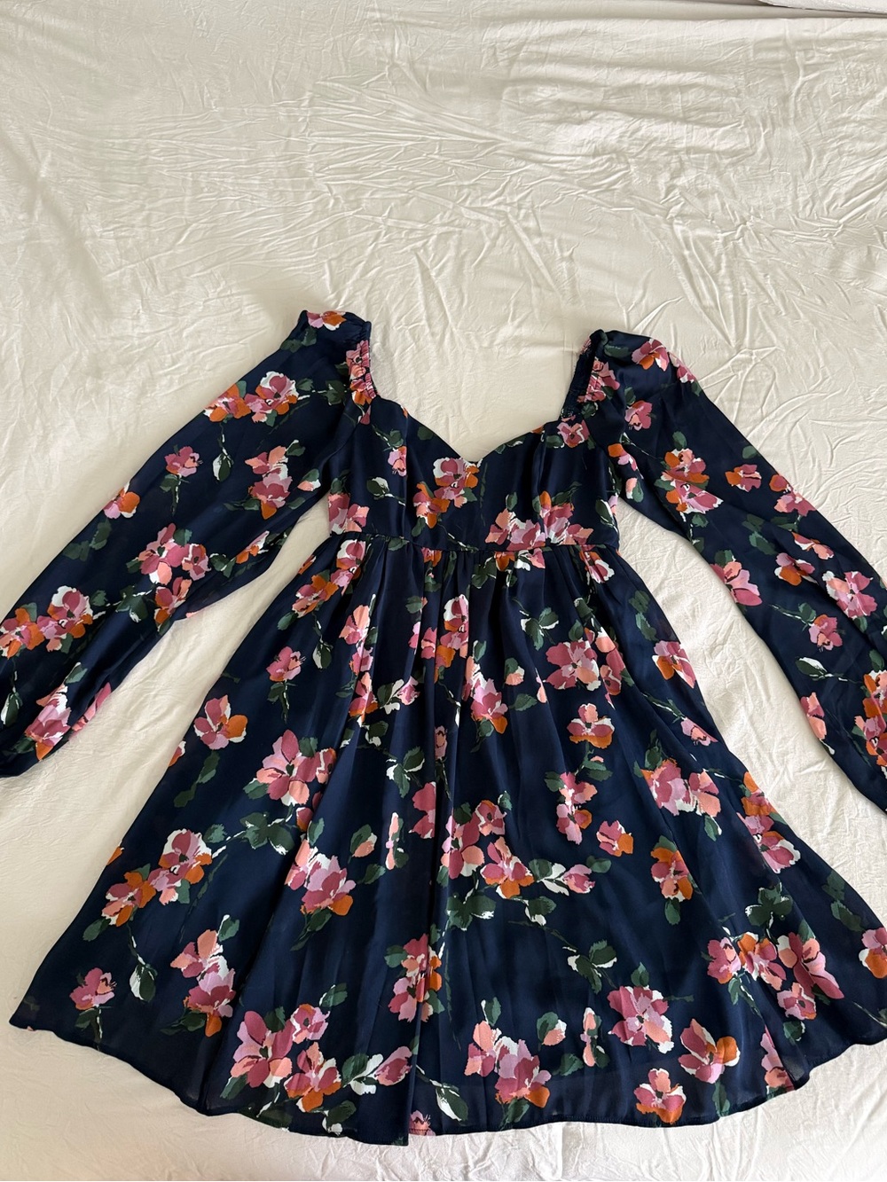 Navy Floral Long-Sleeve Dress with Pink Bloom Print